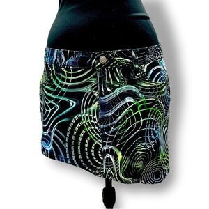 Horoscopez x Dolls Kill asymmetrical denim skirt psychadelic print szS & L